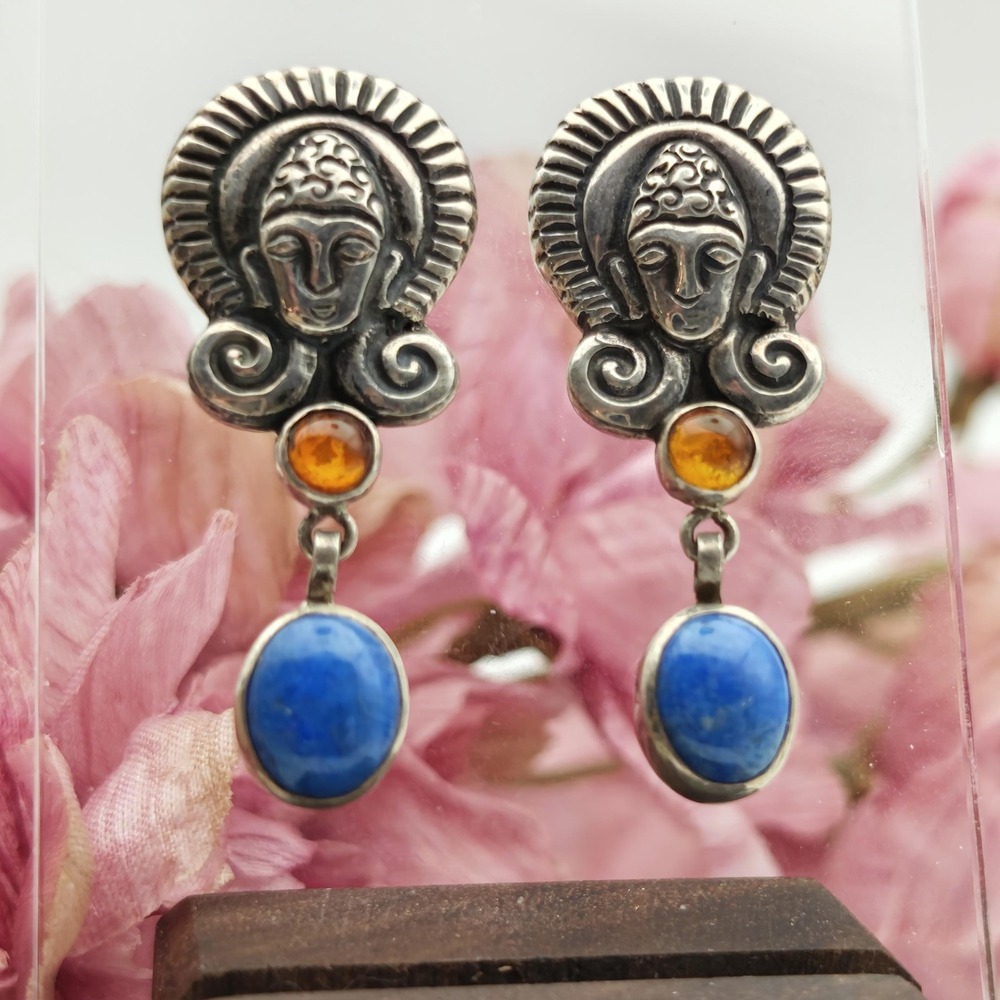 Blue Lapis & Amber Sterling Silver Handmade Southwestern Style Post Earrings